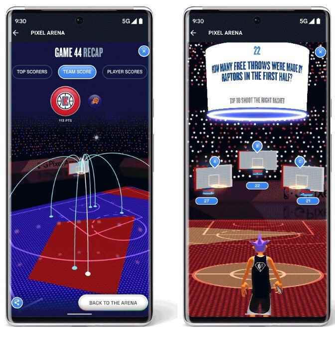 Pixel Arena'da bir NBA Playoff maçı sırasında çekilen şutların sanal bir özetini görebilir veya önemsiz soruları yanıtlayabilirsiniz - NBA ve Google, playoff maçları sırasında sanal Pixel Arena'yı ziyaret etmenizi istiyor