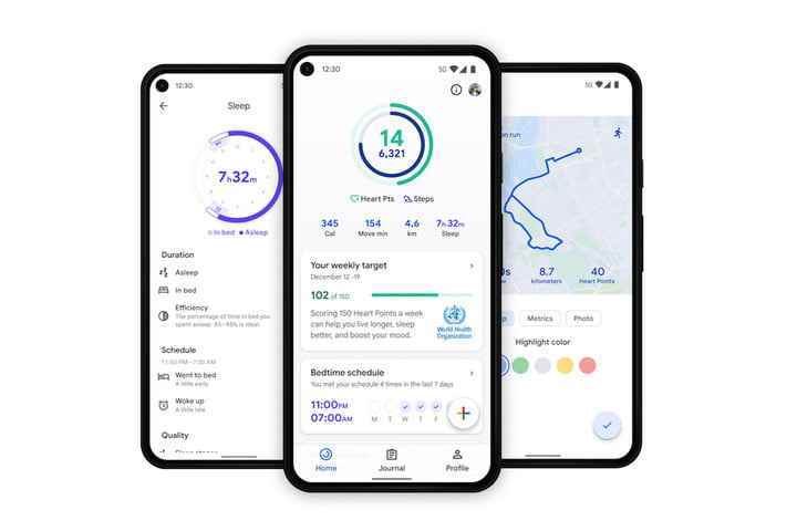 Google Fit uygulamasının üç ekran görüntüsü