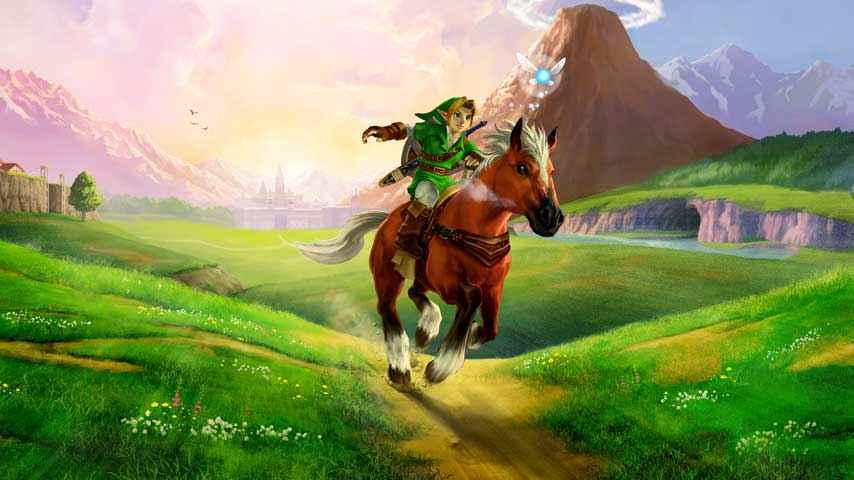 Zelda: Zamanın Ocarina'sında atını yemyeşil bir tarlada süren Link