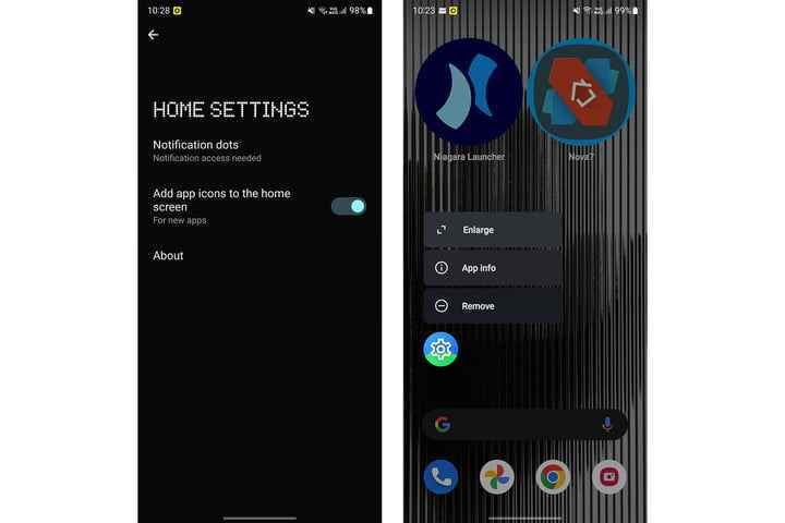 Uygulama simgesi büyütme işlevine sahip Nothing OS Android başlatıcısını gösteren ekran görüntüleri.
