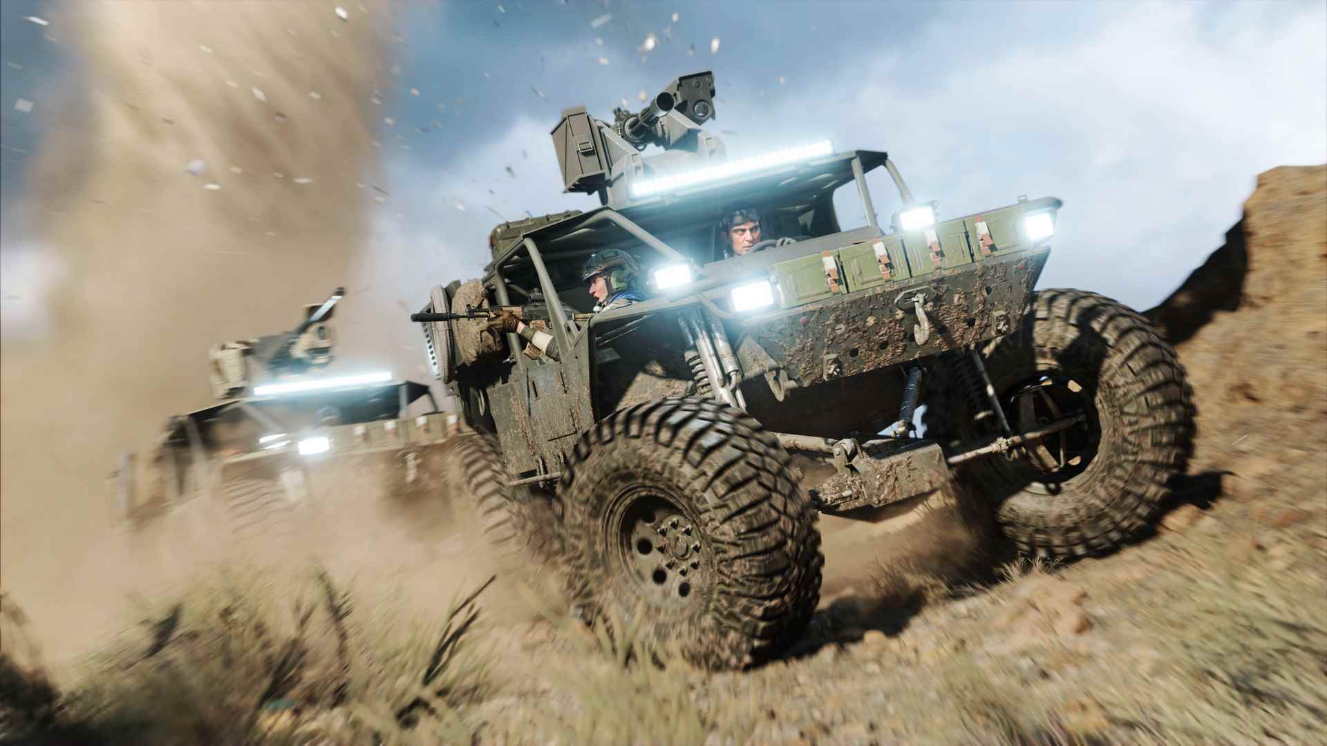 Battlefield 2042'de toprak yolda giden bir zırhlı araç