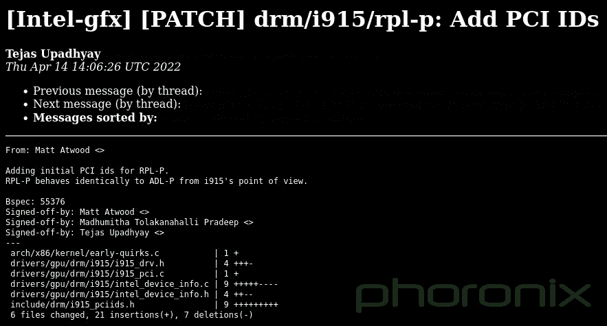 Intel'in Raptor Lake-P grafik sürücüsü desteği, Linux 5.19 Kernel'e eklendi.  (Resim Kredisi: Phoronix)