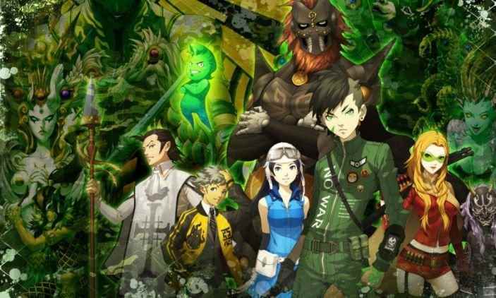 Görüntü, çeşitli şeytanlarla çevrili Shin Megami Tensei IV Apocalypse'in kadrosu