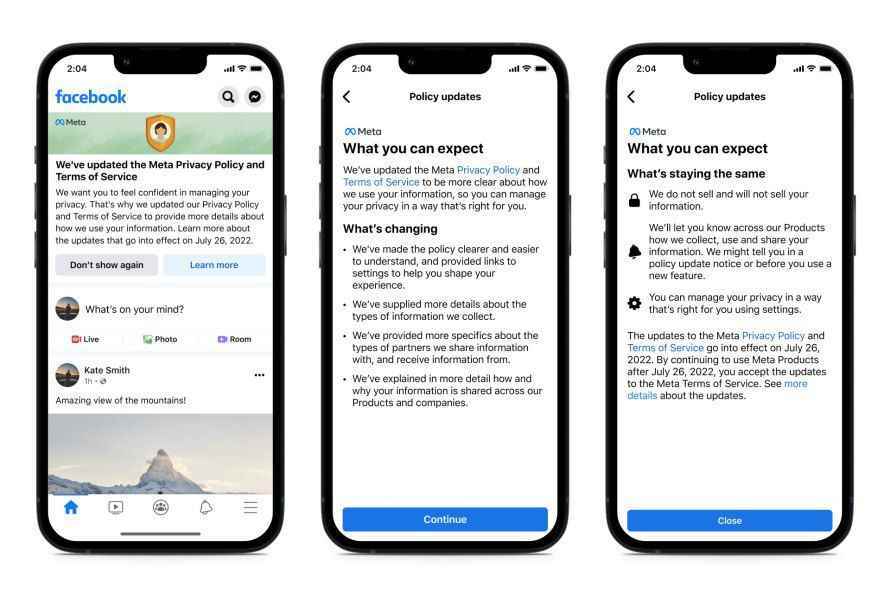 Facebook kullanıcılarının 26 Temmuz'da yürürlüğe girmeden önce yeni Hizmet Koşulları hakkında göreceği bildirimler