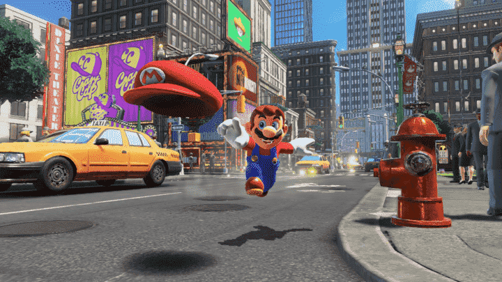 Mario, Super Mario Odyssey'de Cappy'yi fırlatıyor.