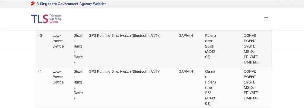 Singapur Hükümeti TLS'sinde yapılan bir arama, yeni Forerunner modellerini ortaya koyuyor - Garmin Forerunner 255 ajans listesinde yayınlandı, lansman yakın görünüyor