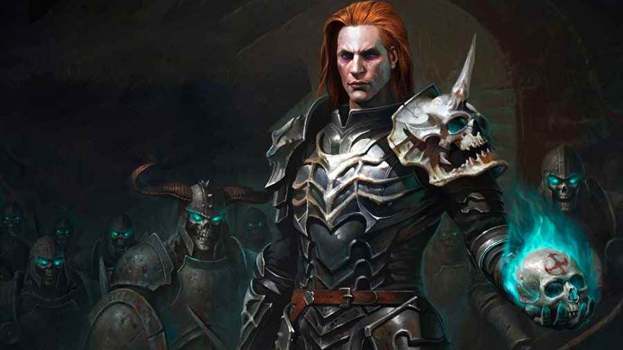 Diablo Immortal kademe listesi: Parlayan gözlerle bir iskelet ordusunun önünde parlayan mavi bir kafatası tutan Necromancer