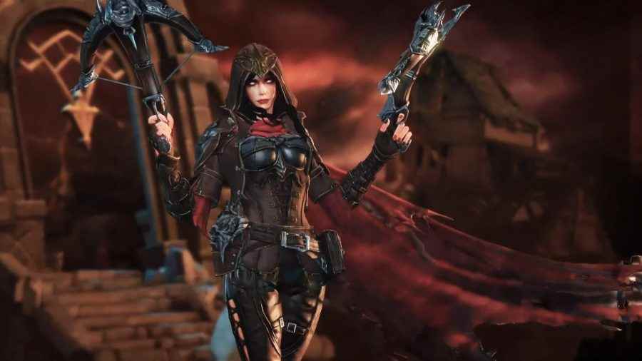 Diablo Immortal kademe listesi: Geceleri bir kilisenin önünde iki elinde bir tatar yayı kullanan Demon Hunter