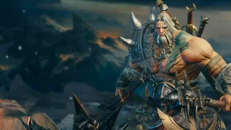 Diablo Immortal kademe listesi: Karlı bir dağın tepesinde büyük bir balta tutan Barbar