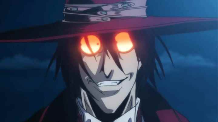 Hellsing Ultimate animesinde Alucard uğursuz bir sırıtış veriyor ve gözlükleri gece parlıyor.