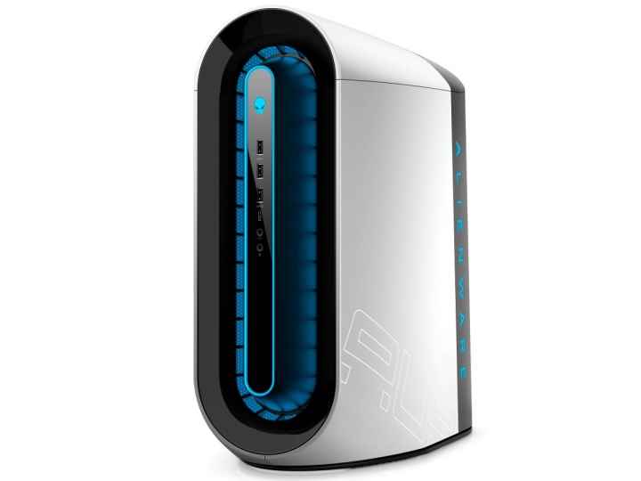 Beyaz Alienware Aurora R12 oyun bilgisayarının açılı bir görünümü.