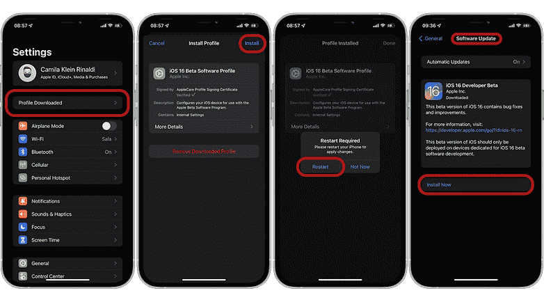 iOS 16 geliştirici beta sürümünün nasıl yükleneceğini gösteren ekran görüntüleri