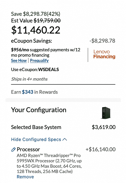 Bir buçuk Lada Granta gibi.  64 çekirdekli AMD Ryzen Threadripper Pro 5995WX'in maliyetini belirledi