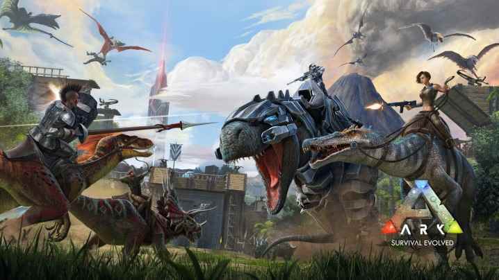 Ark: Survival Evolved, dinozorlarıyla birbirleriyle savaşan karakterleri içeren tanıtım sanatı.