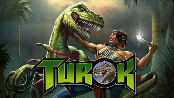 Turok: Dinozor Avcısı tanıtım sanatında Turok bir raptorla dövüşüyor.