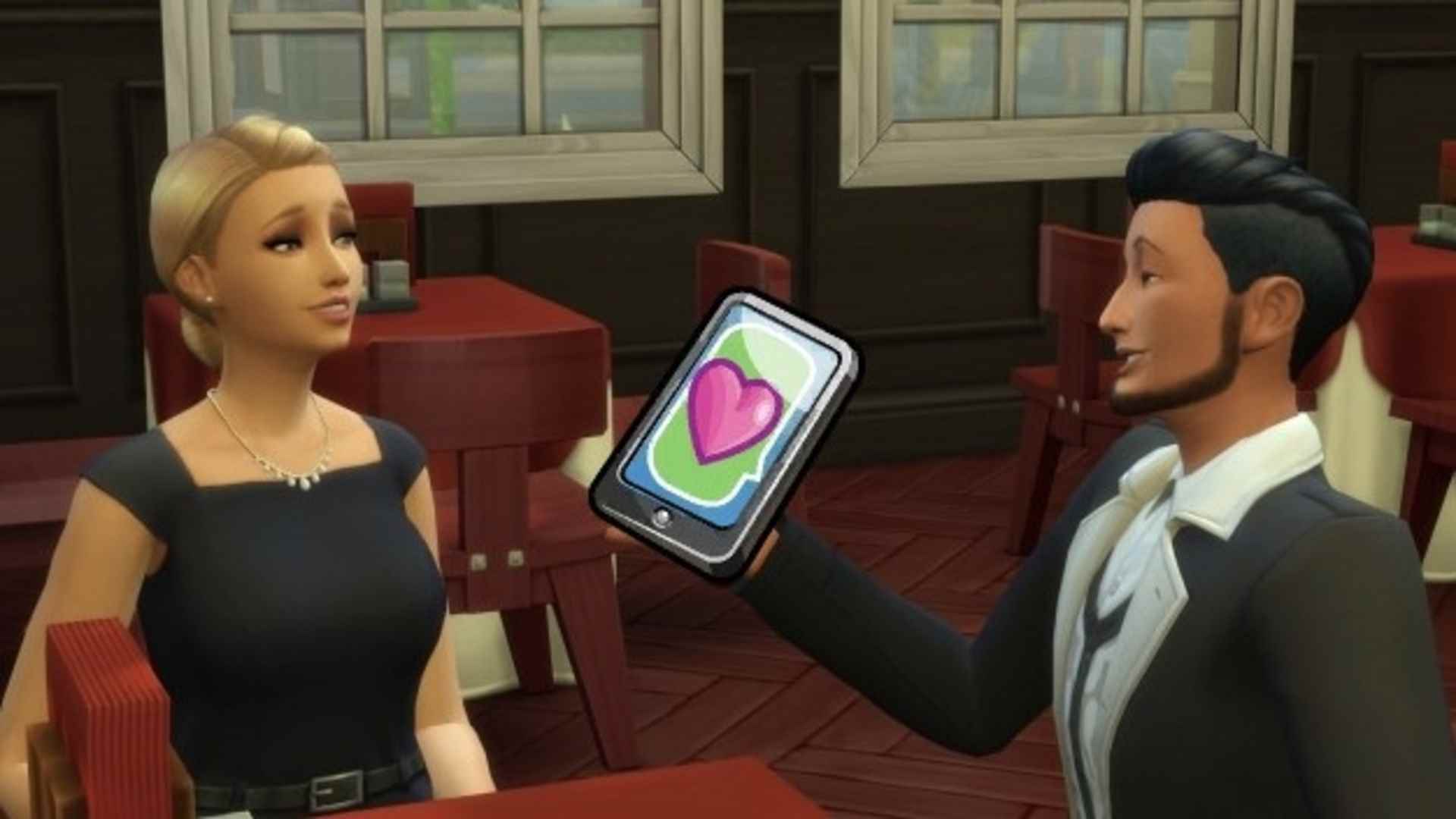Sims 4 seks modunda bir erkek Sim, telefonunu bir kadın Sim'e uzatıyor SIMDA Dating App