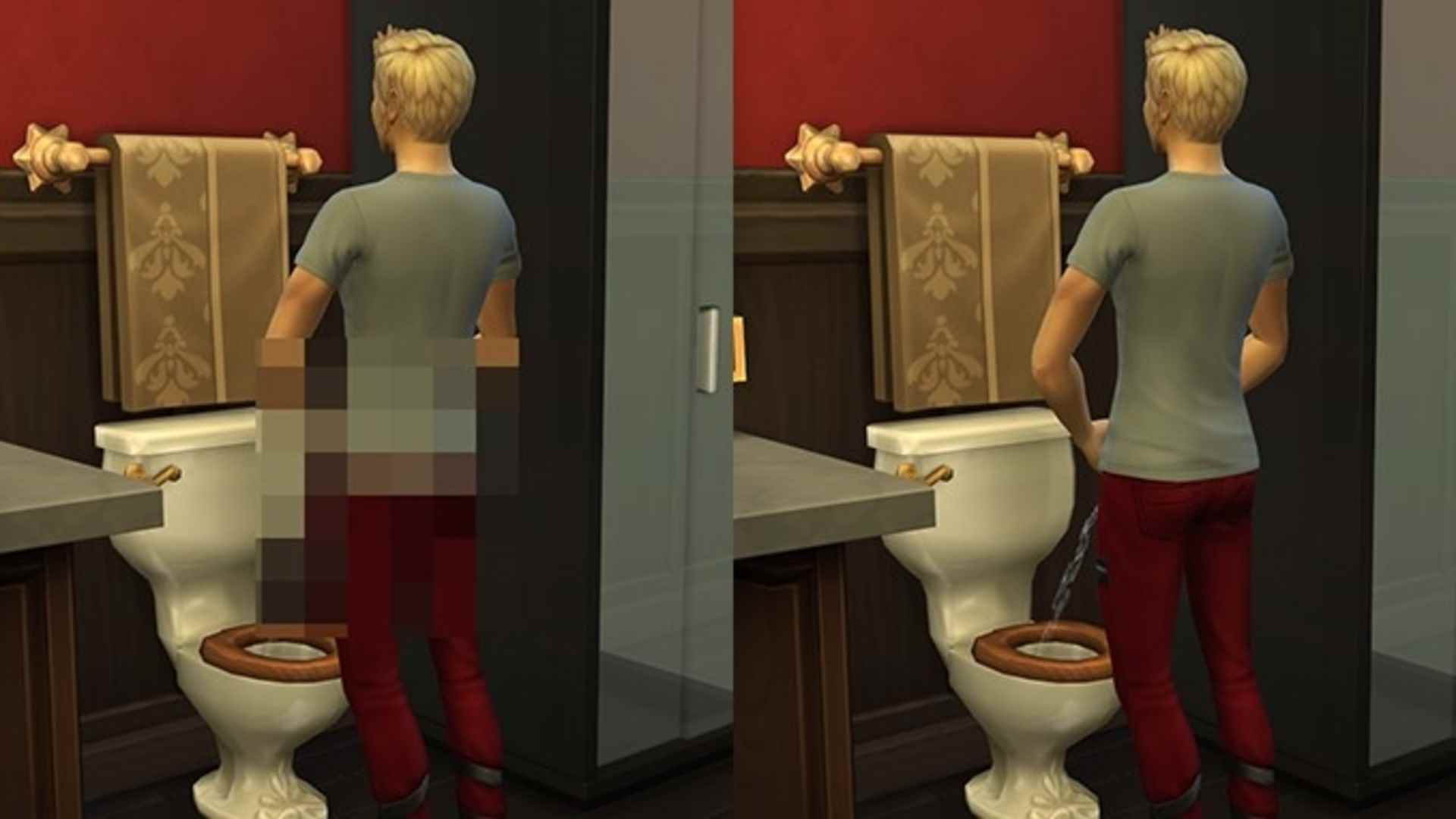 Sims 4 seks modu Crystal Clear, Sansürsüz'den aynı adamın biri sansürsüz tuvalete işediğini gösteren bölünmüş bir görüntü