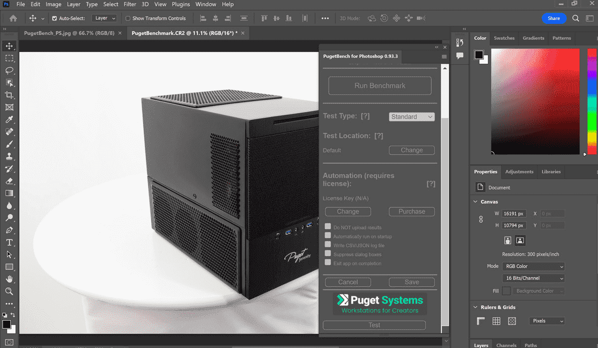 Photoshop'ta çalışan Photoshop için PugetBench'in bir ekran görüntüsü.