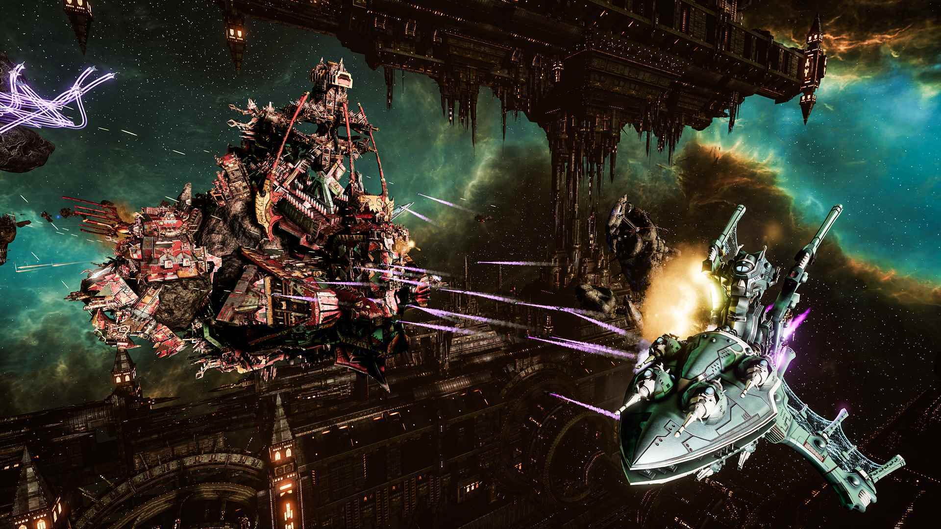 En iyi savaş çekici 40 Kgame'den biri olan Battlefleet Gothic Armada 2'de bir ork ve Eldar gemisi uzayda çatışıyor