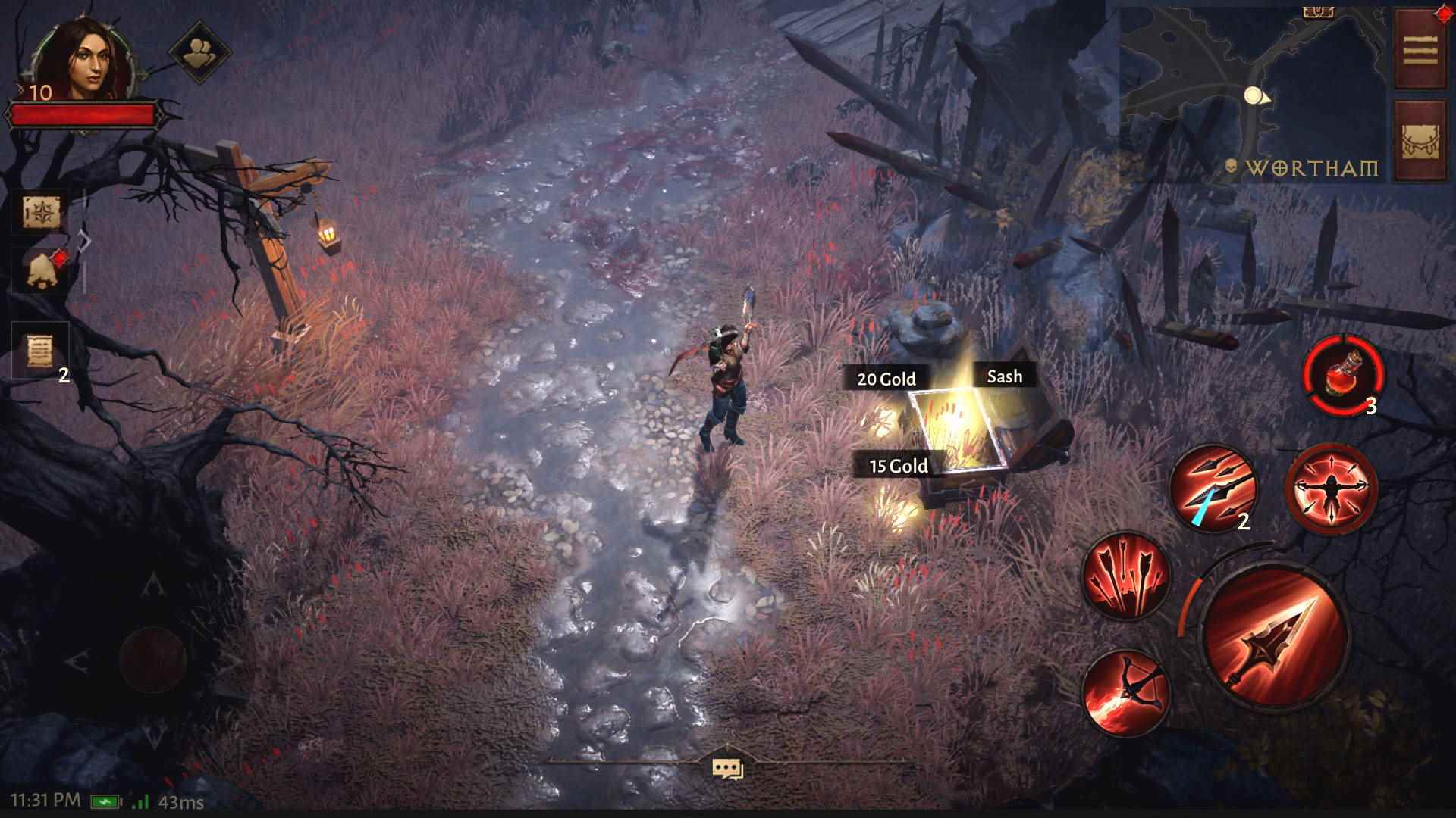 En iyi Diablo Immortal eşyaları: İçinde altın ve kuşak bulunan bir sandığı açan bir Demon Hunter.  Ahşap bir köprüye giden çamurlu bir yol var.