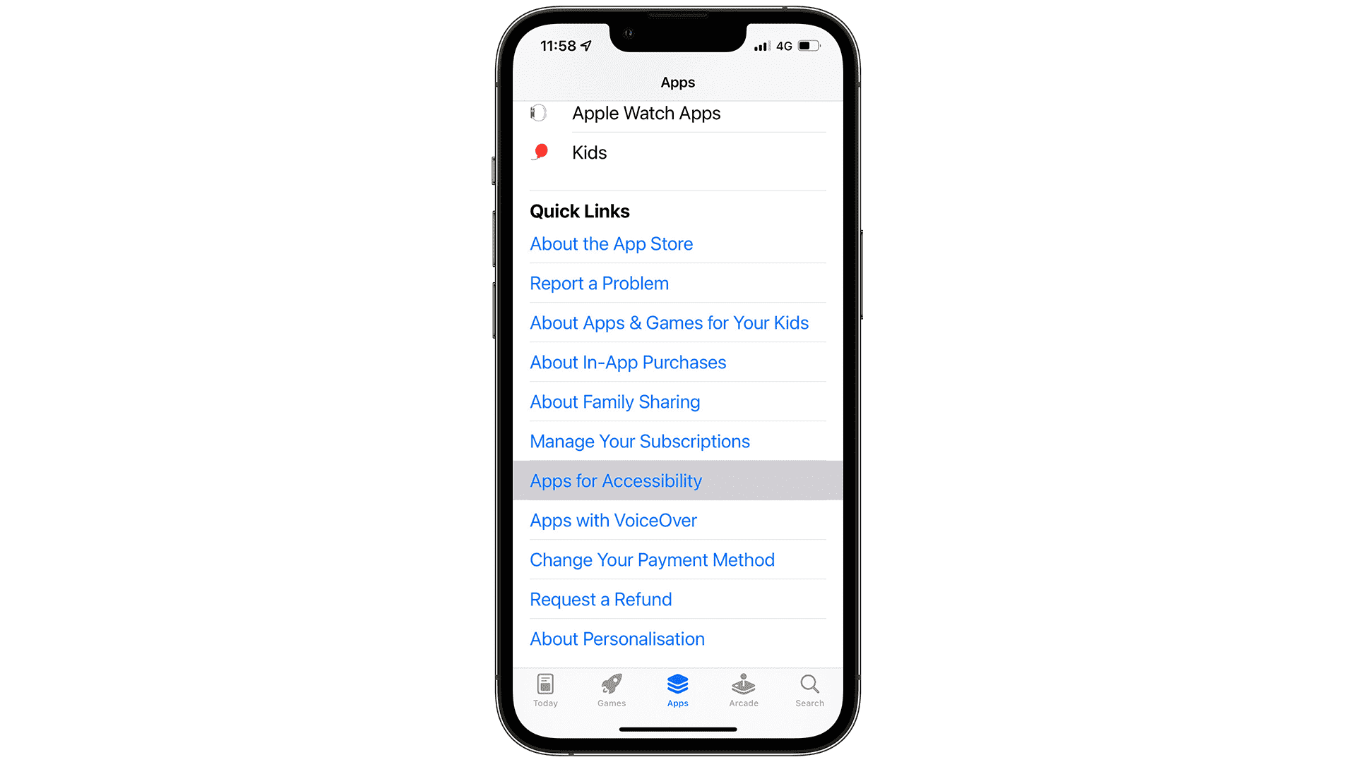 Apple'ın App Store'daki erişilebilirlik bölümü