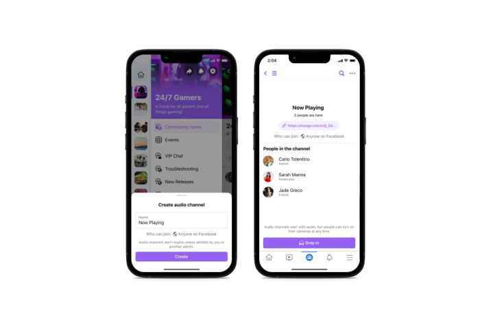 Yeni Facebook Grupları Ses kanalları özelliğini gösteren iki mobil ekran görüntüsü.