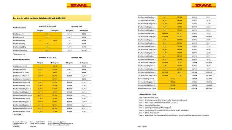 Temmuz 2022'den itibaren DHL'deki yeni fiyatları gösteren bir tablo.