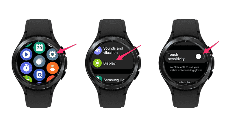 Samsung Galaxy Watch 4'te eldiven modunun nasıl etkinleştirileceğini gösteren ekran görüntüleri.