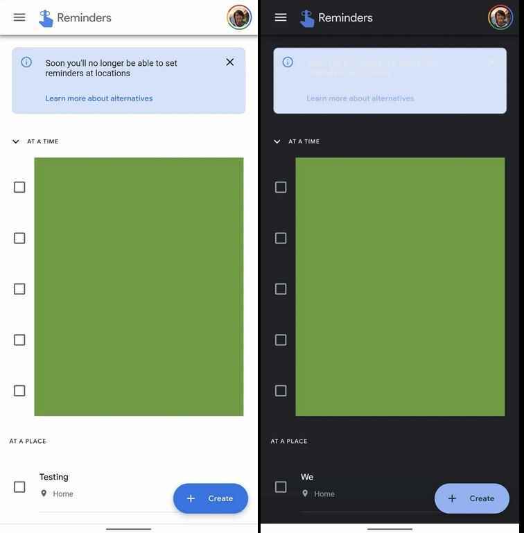 Solda, Google Asistan'dan Google Hatırlatıcılar'ın geleceği için uğursuz bir not gösteren bir kutu.  Karanlık modda okuyamazsınız - Bulunduğunuz yere göre hatırlatıcılar ayarlayan yararlı özelliği kaybetmek için Google Asistan