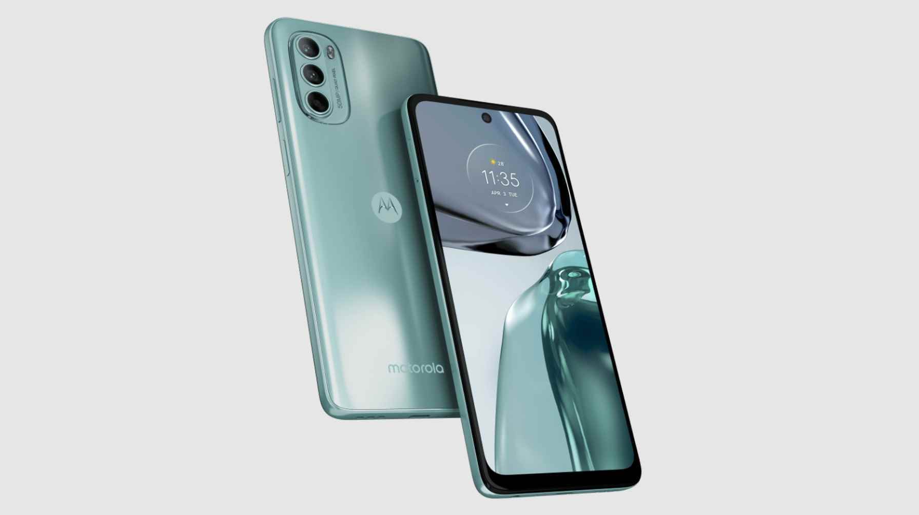 Önden ve arkadan Buzlu Mavi renkte bir Moto G62