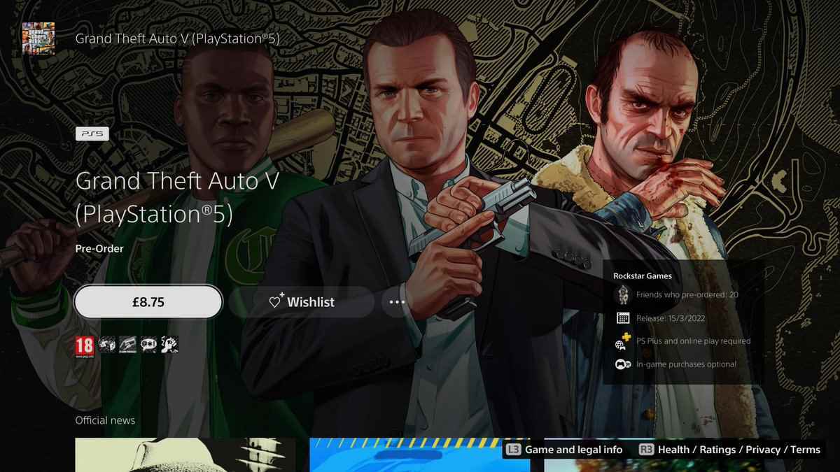 PS5'teki Grand Theft Auto 5 mağaza sayfasının ekran görüntüsü