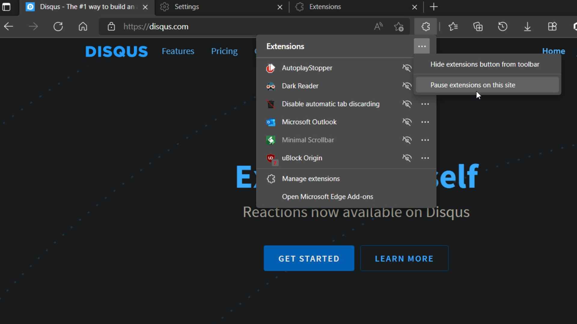 Microsoft Edge'de test edilmekte olan bir beta Uzantı özelliğinin ekran görüntüsü