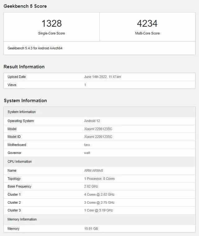 Xiaomi 12S Geekbench puanları - Xiaomi 12S, Geekbench'te yüzünü gösteriyor