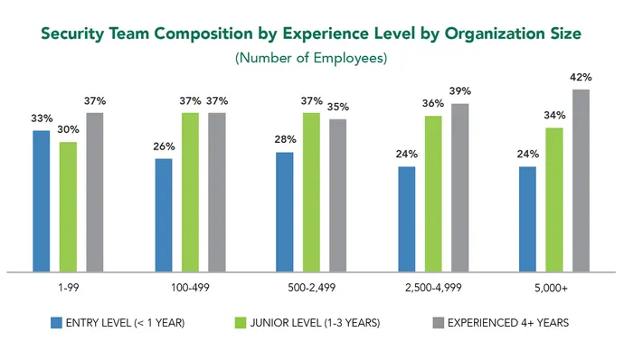 Kuruluş boyutuna göre deneyim düzeyine göre güvenlik ekibi bileşimini gösteren grafik