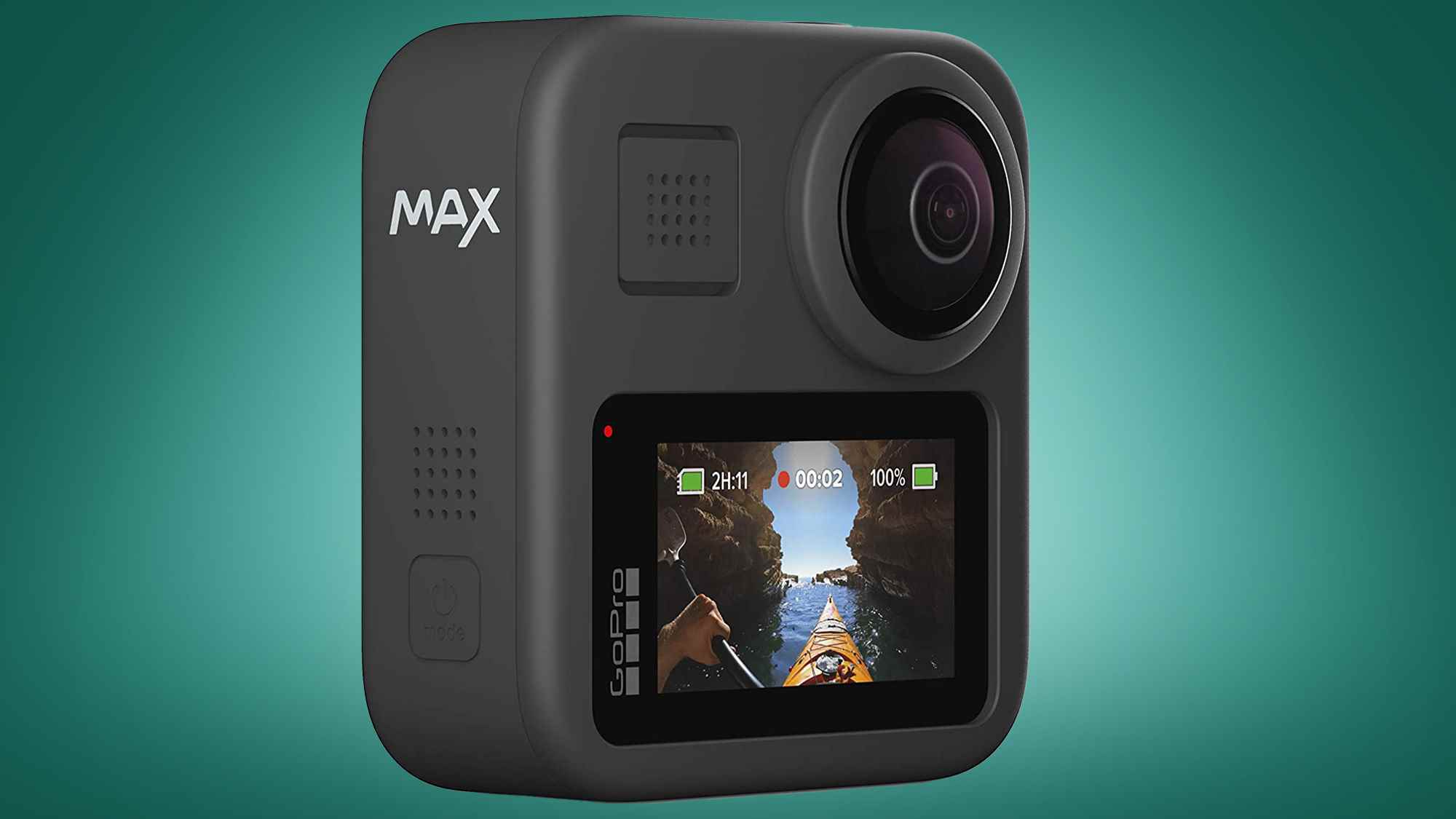 Yeşil bir arka plan üzerinde GoPro Max 360 kamera