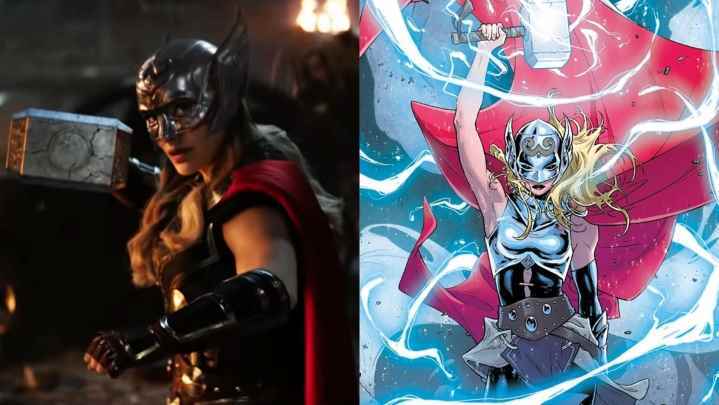 Natalie Portman'ın Love and Thunder'da Mighty Thor olarak ve çizgi romanlarda Mjolnir'i kullanırken bölünmüş görüntüsü.
