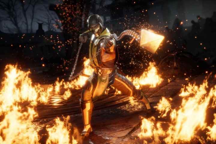 Scorpion, Mortal Kombat 11'de yanan bir silah fırlatır.
