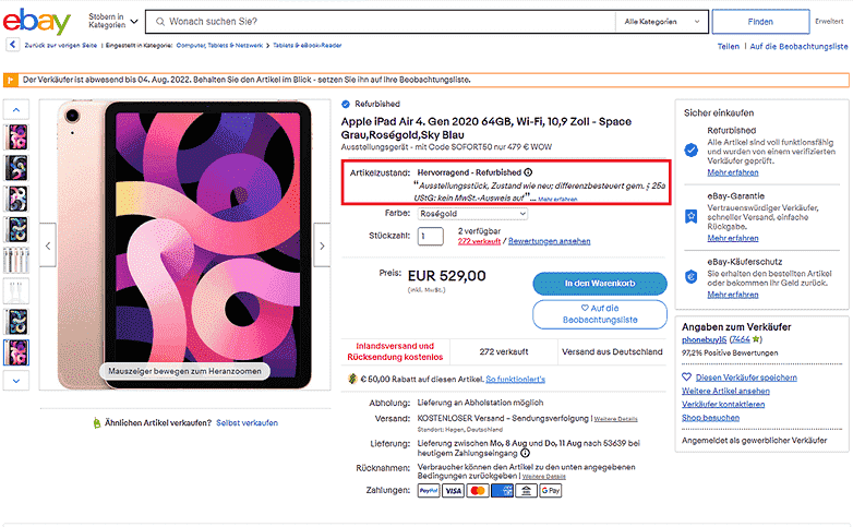 eBay Yenilenmiş ürün durumu