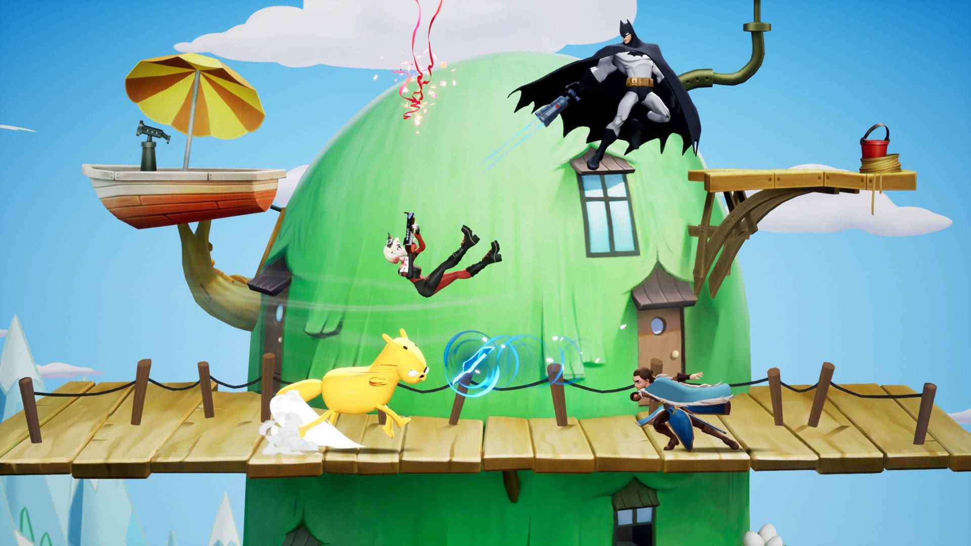 Multiversus katman listesi: Adventure Time evreninde bir ağaç evinin yakınında savaşan birkaç karakter.  Jake bir at, Batman konfeti ateşleyen Harley Quinn'e silah doğrultuyor ve Arya Stark Jake'e bir hançer atıyor.