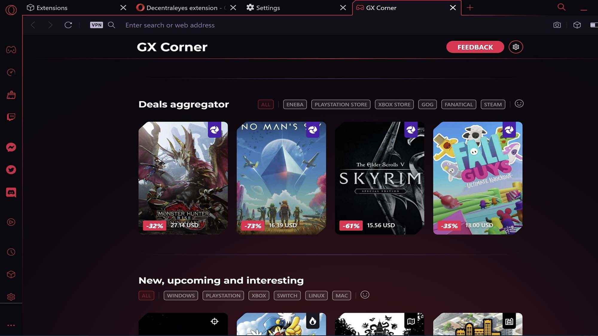 Oyun bilgisayarındaki Opera GX tarayıcısı