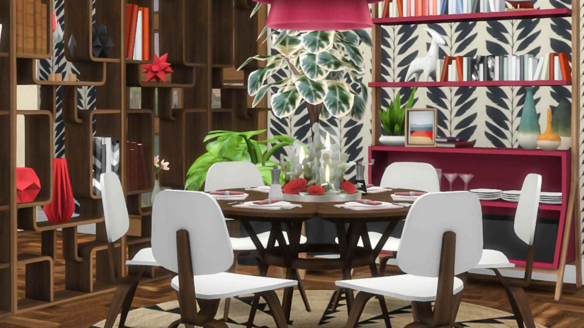 Sims 4 CC: Parlak, desenli dekorasyonlar ve mobilyalarla döşenmiş bir yemek odası