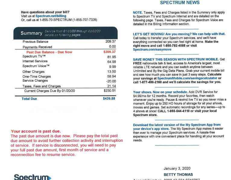 2020'de Betty Thomas'a gönderilen Charter Spectrum faturası