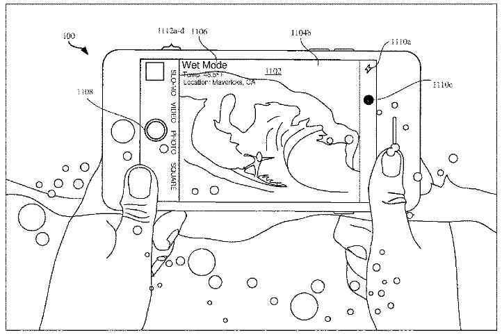 Patentten alınan görüntü, ıslak modda bir iPhone'u gösteriyor - Apple, iPhone kullanıcılarının yağmurda yazmasına yardımcı olan teknoloji için patent aldı