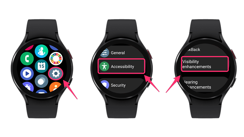 Galaxy Watch 4'ün ekran okunabilirliğinin nasıl iyileştirileceğini gösteren ekran görüntüleri.