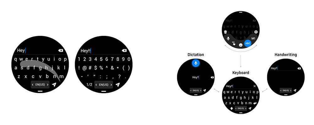 (solda) Yeni bir QWERTY klavyede yazmak için kaydırın, (sağda) giriş yöntemleri arasında sorunsuz bir şekilde geçiş yapın - Samsung, One UI Watch4.5'in yakında Galaxy Watch cihazlarına geleceğini duyurdu