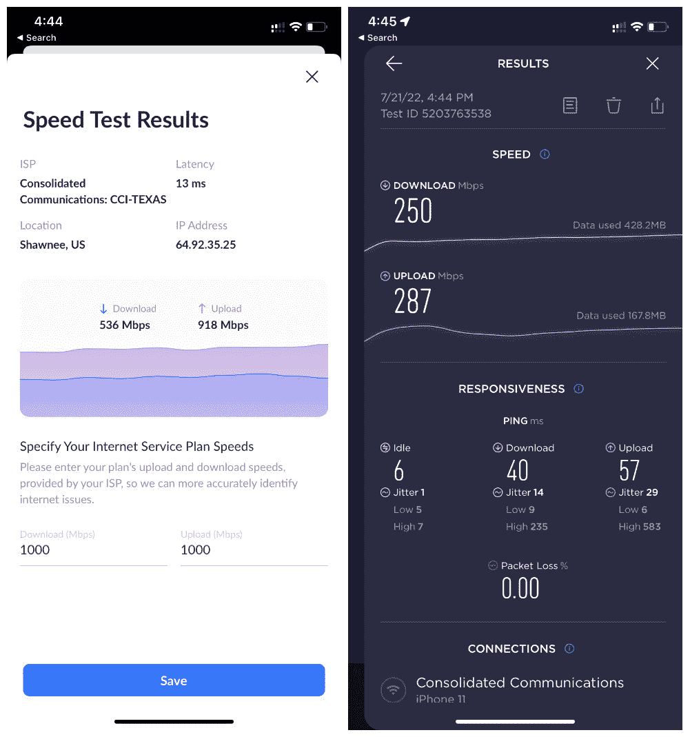 İki hız testi ekranı