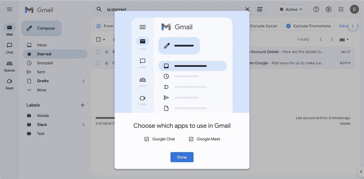 Gmail'de hangi uygulamaların kullanılacağını seçmek için açılır pencere