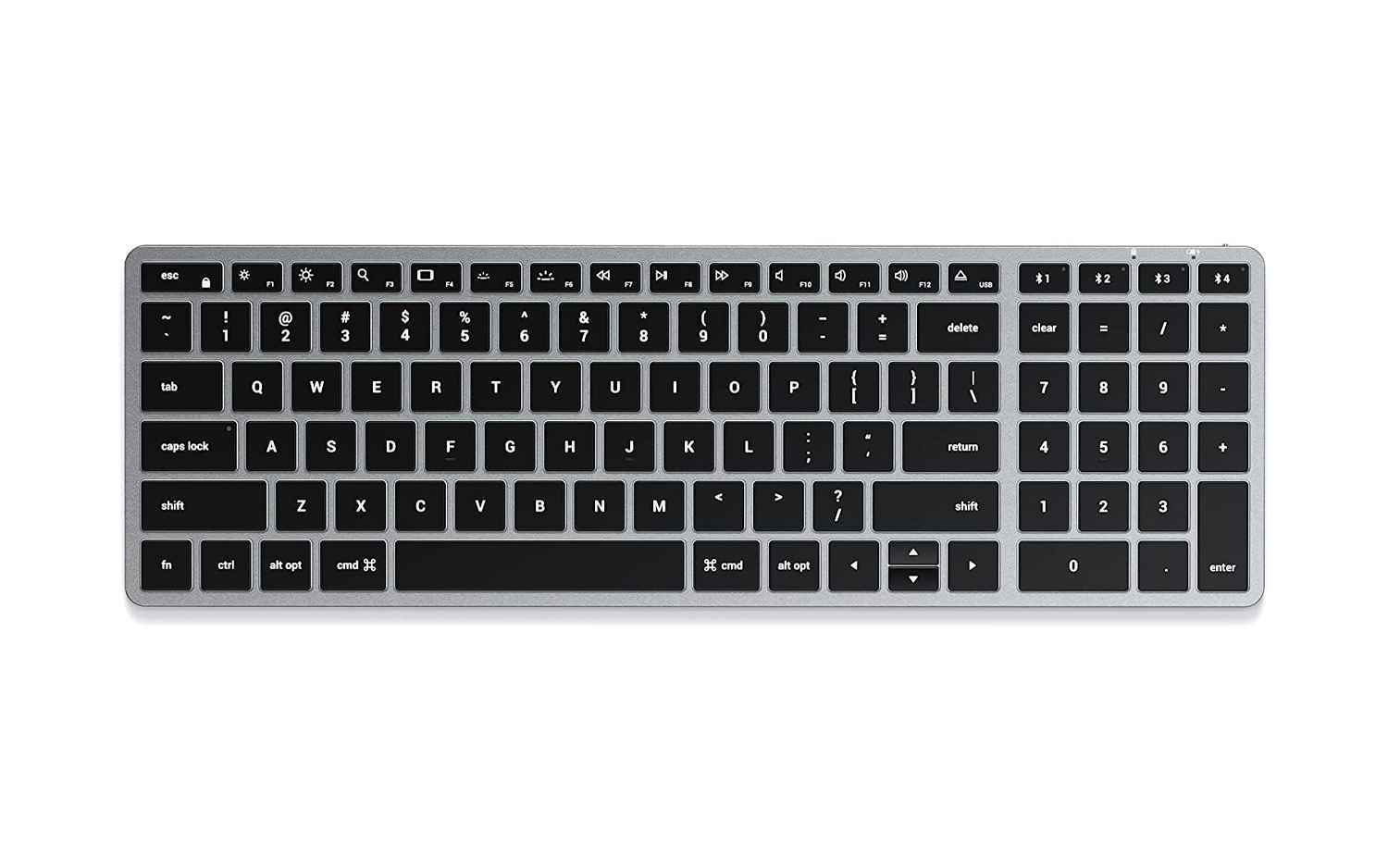 MacBook için en iyi okula dönüş aksesuarları: Beyaz bir arka plana karşı Satechi Slim X2 Bluetooth Arkadan Aydınlatmalı Klavye