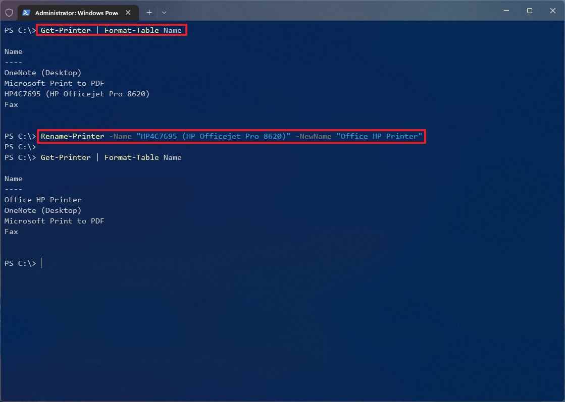 PowerShell'de yazıcı adını değiştirin