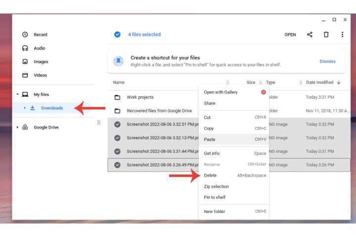 Chromebook'ta İndirilenler klasöründen dosya silme.